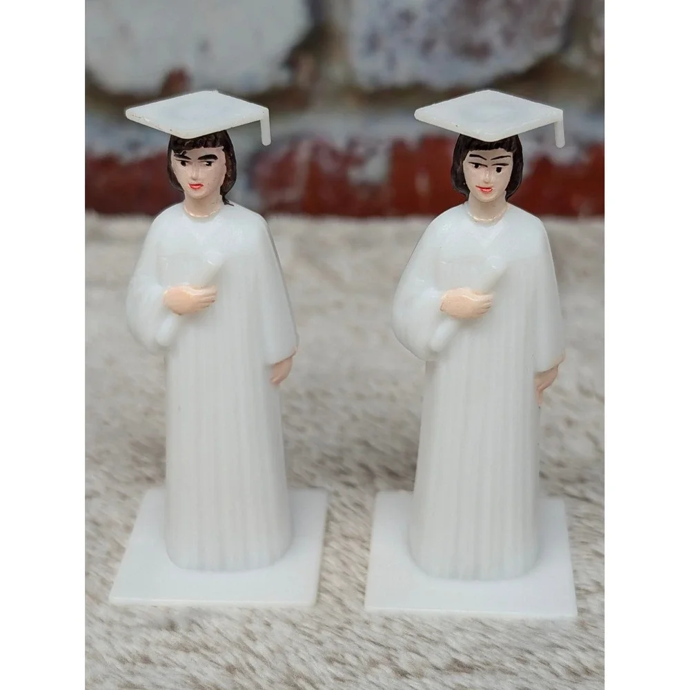 Vintage Graduation Cake Toppers Pair White Cap Gown Diploma Plastic Figures
